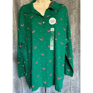 Women's NWT Holiday Winter 3/4 Sleeve Polo 2X Green with Cardinals Festive Party